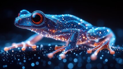 A 3D rendered image of a blue frog with glowing red eyes and a textured surface, sitting on a black background with glowing dots.