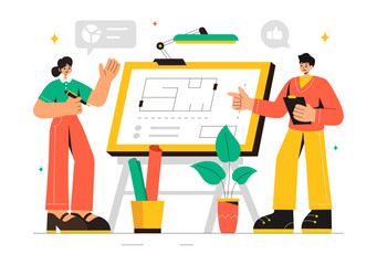 Vector illustration of a Drafting Engineer or Architect Working on a Drawing Board, Projecting Plans and Creating Drafts for Construction Projects