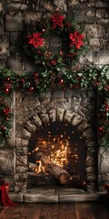 Festive fireplace scene with blank space for custom messages.