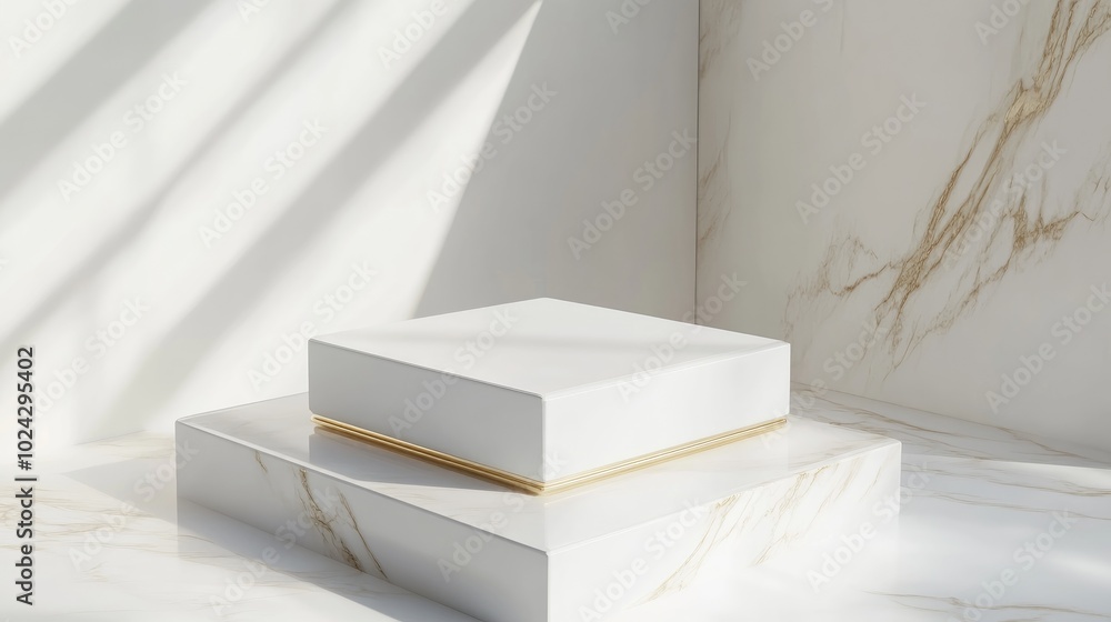 Poster 3D rendering of a white and gold square podium against a white backdrop with geometric shapes Minimalist product presentation mock up