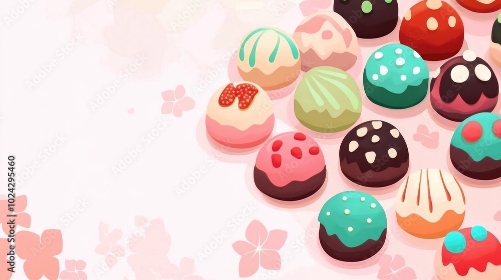 Poster colorful chocolate candies on a soft white background with space for text presentation template