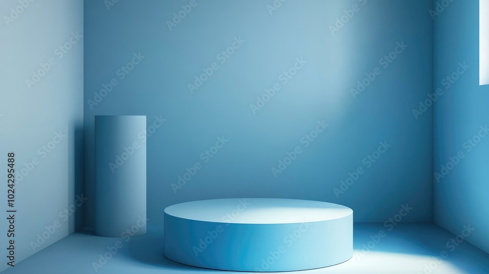 Poster Abstract blue corner scene with a cylinder podium in 3D rendering