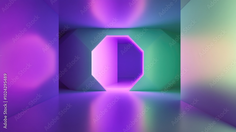 Aufkleber Ai Generated Abstract Geometric Shapes Octagon And Hexagon In Green And Purple Neon Light Trendy Decorative Elements In Modern Architectural Design 3D Render And Illustration
