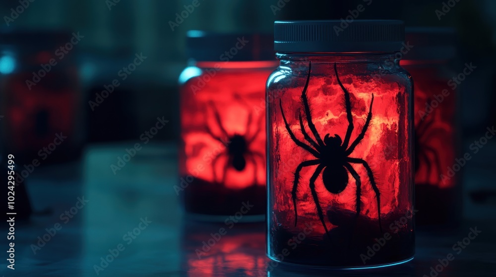Poster jars filled with spiders in a red liquid, creating an eerie laboratory atmosphere.