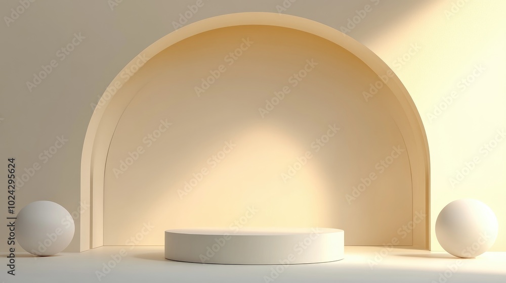 Aufkleber 3D rendering of an abstract cosmetic background featuring a minimal podium for product display An empty scene with spherical lighting and a pastel cream wall creates a fashion showcase atmosphere