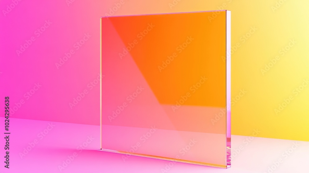 Poster 3d rendering of a transparent acrylic board in vibrant pink and orange overlapping background suitab
