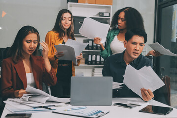 Stress, business people and employee frustrated with multitasking, pressure or overworked by team...