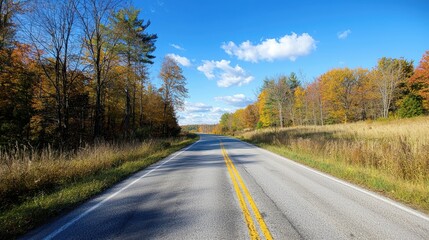 Fototapeta premium Winding Road Surrounded by Tall Trees in Autumn