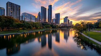 Vibrant cityscape with glowing skyscrapers and warm illuminating lights during the dusk hours  Stunning modern architecture and urban development with a beautiful atmospheric landscape