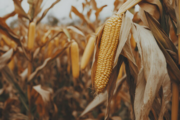 A Single Ear of Corn in a Field of Dried Corn Plants Photo