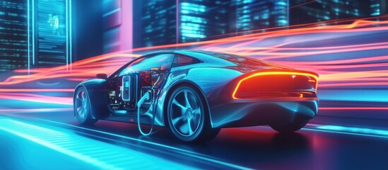 Futuristic Electric Car on Neon City Road