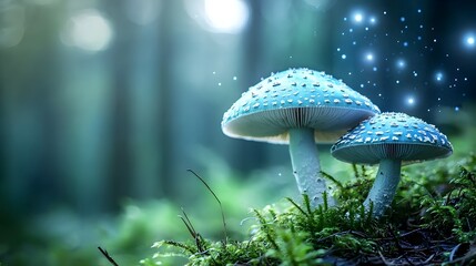 Fototapeta premium Enchanting Mystical Forest with Glowing Mushrooms and Ethereal Aura A captivating dreamlike landscape filled with vibrant lush greenery mystical glowing mushrooms and a serene
