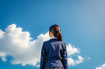 Rear View of Schoolgirl Against Blue Sky.