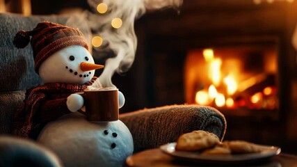 Cozy winter christmas scene concept: Snowman relaxing by the fireplace with a steaming mug of hot chocolate and plate of cookies, enjoying holiday warmth. Video made using Generative AI - Powered by Adobe