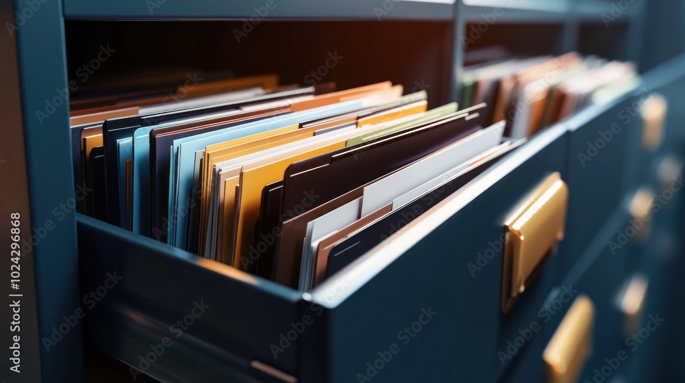 Poster a close-up of a filing cabinet drawer filled with colorful folders and documents.