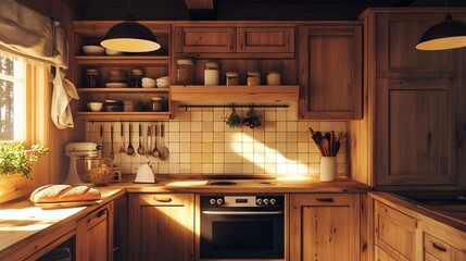 A rustic wooden kitchen with warm sunlight streaming through the window.