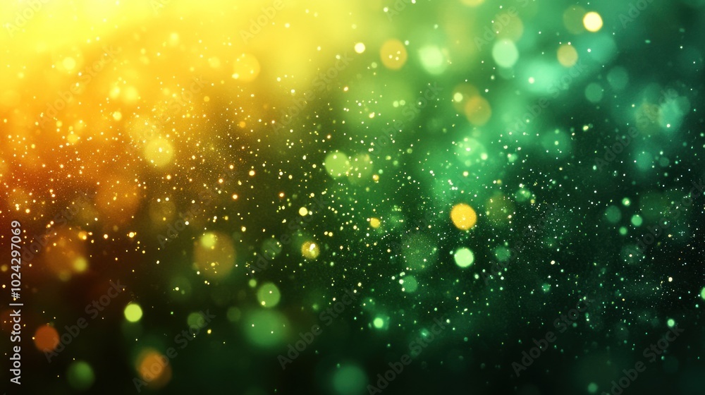 Poster abstract blurred background with golden and green bokeh lights and dust particles.