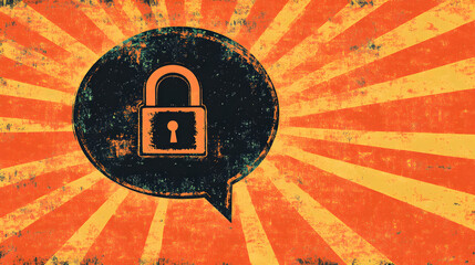 A vintage-style illustration of a speech bubble with a padlock icon, symbolizing secure communication and privacy.