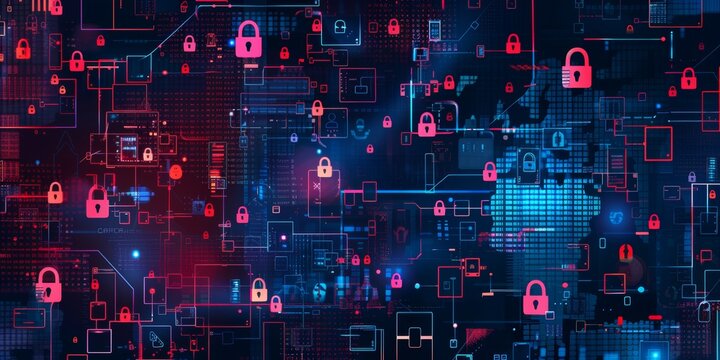 Patterned layout featuring cybersecurity themes.
