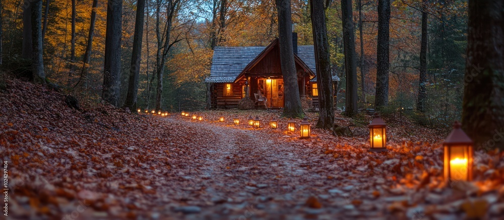 Poster a rustic cabin nestled in a forest with a path lit by lanterns at dusk.