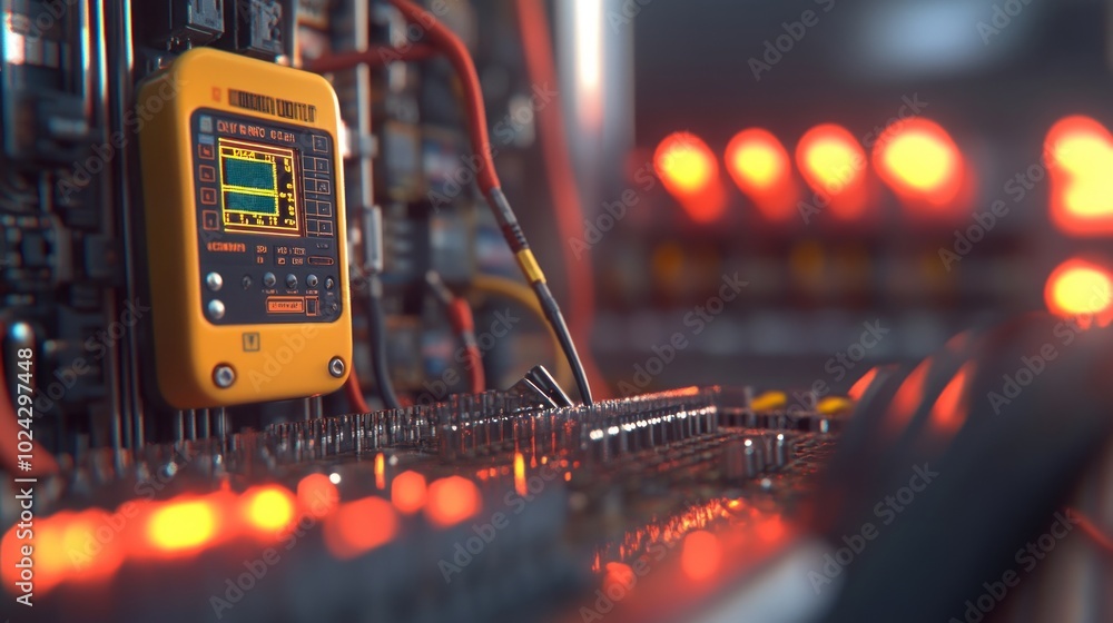 Aufkleber a close-up of a digital multimeter on a circuit board with glowing indicators.