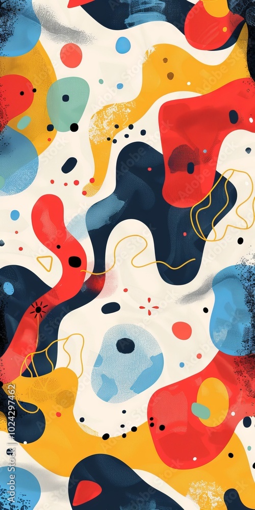 Poster a colorful abstract painting with a lot of different shapes and colors. the painting is full of ener