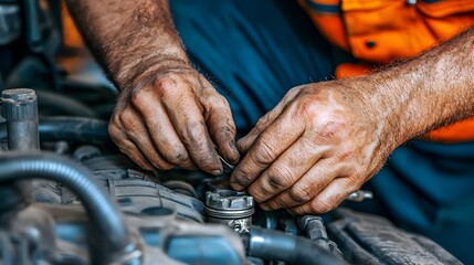 Obraz premium Close up view of a skilled mechanic s hands meticulously working on repairing and maintaining the intricate components of an automotive engine in a workshop setting