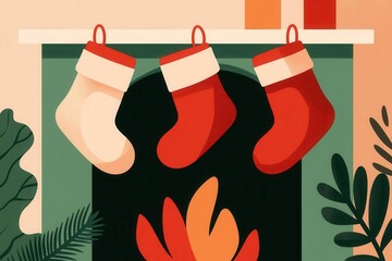 Merry Christmas 2025, hanging stockings by the fireplace, cherished holiday customs, flat design illustration