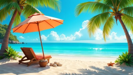 Paradise island with palm trees and sea.