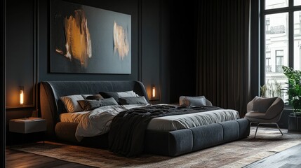 A bold contemporary bedroom with dark walls