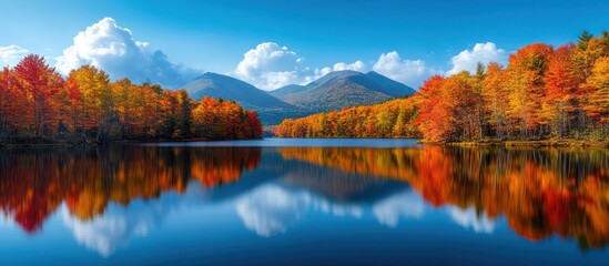 Fototapeta premium Vibrant autumn foliage reflects in a still lake surrounded by mountains.