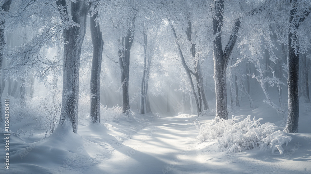 Poster snow-covered forest path during the winter solstice with misty light filtering through trees