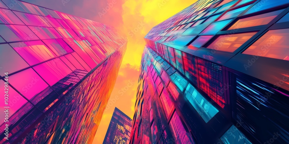 Poster synthwave skyscraper with a dynamic abstract background, featuring vibrant colors and geometric form