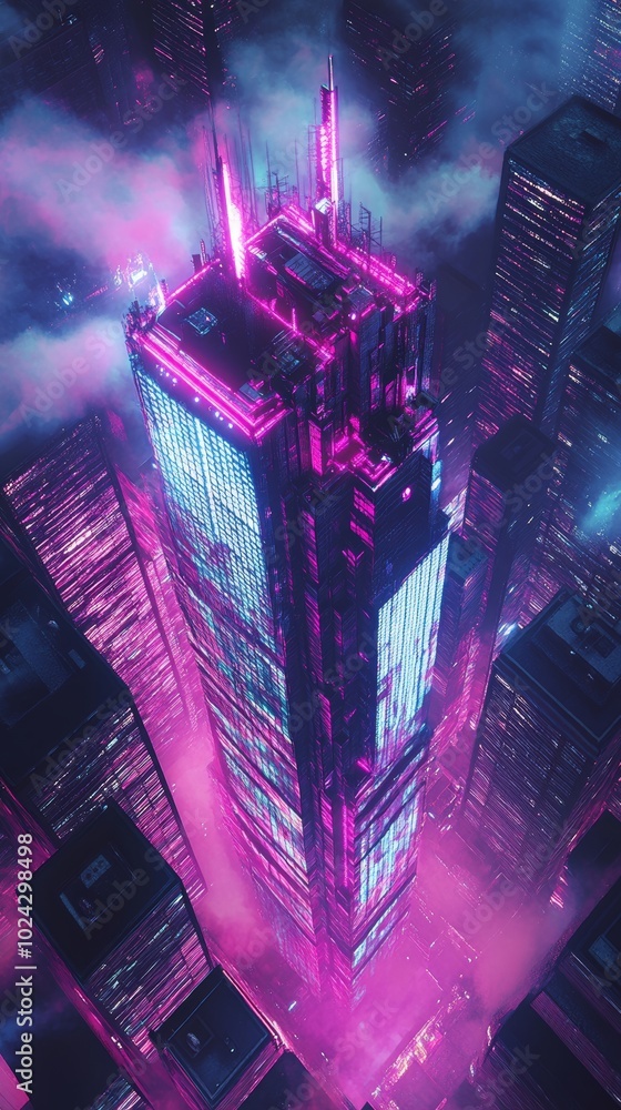 Poster top-down perspective of a synthwave-inspired skyscraper, highlighting its architecture.