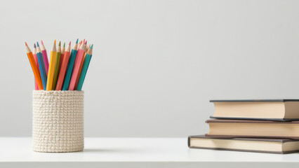 Obraz premium On a white table there is a stand with colored pencils and books.