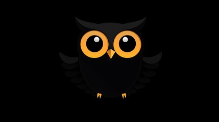Owl silhouette filled with a single solid color, rounded wings and large circular eyes, set against a solid black background. High contrast, no textures, clean and sharp lines, flat colors,