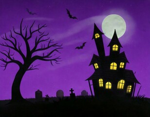 Spooky Cartoon Halloween Night with Haunted House and Full Moon - 満月とお化け屋敷が映えるハロウィンの夜のシーン