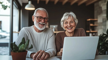 Happy Senior Couple from Europe Enjoying Budget Planning Together at a Modern Table.