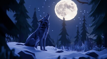 Obraz premium Geometric low-poly style wolf howling at a full moon in a forest scene. 