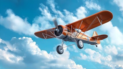 Vintage propeller airplane gracefully flying through a clear blue sky with fluffy white clouds evoking a sense of nostalgia adventure and the golden era of aviation