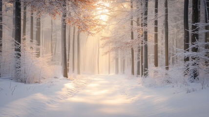 Obraz premium A tranquil winter solstice morning light filtering through snow-covered trees in a serene forest