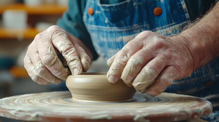 Experienced hands closely working with clay on a pottery wheel creating a unique ceramic piece in a creative studio setting