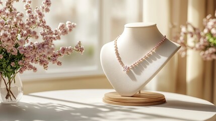 Trendy 3D rendering of a pendant necklace on a beige mannequin, wooden stand holder. Minimalist white and cream background for jewelry promotions