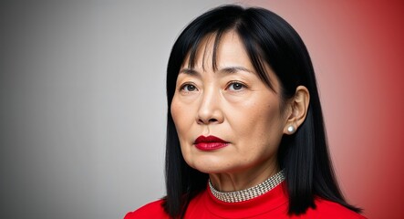 Middle aged Asian woman with thin lips and straight black hair serious red gradient background