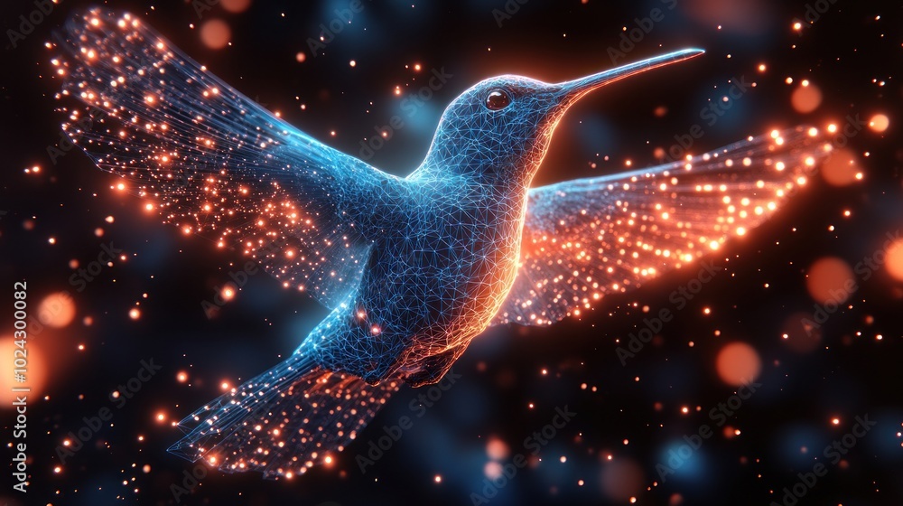 Poster a digital illustration of a hummingbird in flight, rendered in a stylized, abstract style with glowi