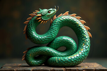 Fototapeta premium Chinese Calendar 2025, close-up of green wooden snake. carved from wood and painted, intricate details. symbol of 2025, emphasizing wisdom, flexibility, intelligence and hard work - generative ai