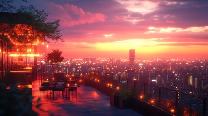 Fototapeta premium A rooftop bar with a stunning view of the city skyline at sunset. The sky is ablaze with vibrant colors, casting a warm glow over the cityscape.