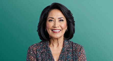 Obraz premium Middle aged Latino woman with soft features and thick black hair smiling teal gradient background
