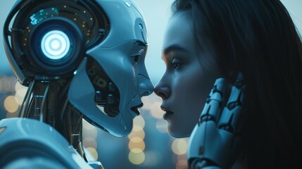 Fototapeta premium Robotics and artificial intelligence connecting and interacting with humans, chatbot software networks, big data transfer protocol systems, smart brain integration