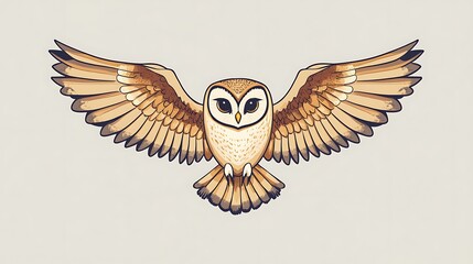 Simplified owl design using straight lines for the wings and smooth curves for the body and head, set against a light grey background. Clean, precise lines, flat colors,